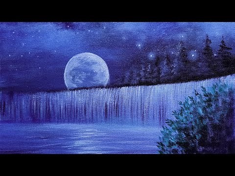 How to paint a night scenery with moon and waterfall | Acrylic painting tutorial