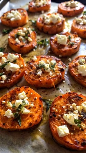1.2M views · 16K reactions | Sweet potatoes sliced into thick rounds. Toss with olive oil, salt, and pepper, then roast at 400°F for 30 minutes until golden and tender. Drizzle with honey, top with crumbled feta sweet, salty, and perfectly caramelized. 凜✨  Ingredients (Serves 4) ➤ 2 large sweet potatoes (600 g), sliced into 1 cm rounds ➤ 2 tbsp (30 ml) olive oil ➤ 2 tbsp (30 ml) honey | Nessy Recipes | Facebook