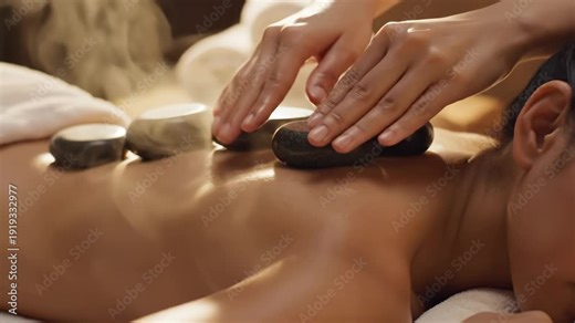 Client receiving soothing hot stone spa therapy on back with steaming warm mineral stones