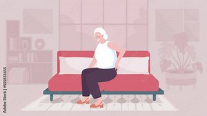 Animated pains illustration set. Sharp cramps. Back spasm. Painful period. Looped flat color 2D cartoon characters animation with home interior on background. HD video with alpha channel