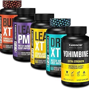 Jacked Factory Thermogenic Fat Burner Weight Loss Supplement - Burn-XT Thermogenic and Lean PM Nighttime Weight Loss Sleep Aid - Lean-XT Caffeine-Free Fat Burner, Yohimbine Capsules, Dry XT Diuretic