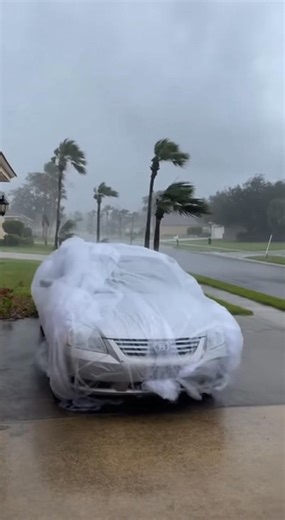 🌪️ Florida vibes at their finest! A fully wrapped car braving hurricane-force winds neighbor caught it all on camera. Plastic flapping, rain sideways, chaos in the streets… only in Florida! 😳📱(satire) #FloridaMan #hurricane #florida #usa | Florida Man Breaking News