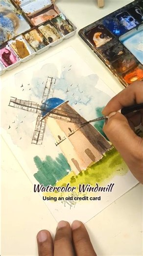 Watercolour Windmill Using an Old Credit Card | Watercolor Tutorial #watercolor #painting #windmill
