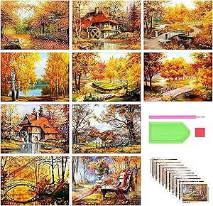 Stalente 10 Pack Diamond Painting Kits for Adults, Landscape Autumn Round Full Drill Diamond Art Kits, 5D DIY Paint with Diamonds Crafts for Home Wall Decoration Gifts 12×16 Inch
