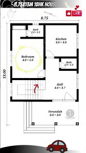 🏠 8.75m x 13m 1BHK House Plan | Spacious Layout with 2 Bathrooms, Verandah & Stairs