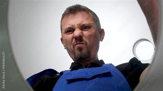 Plumber in a blue worker uniform pinches his nose while looking down, reacting to a bad smell. View from inside a toilet, representing plumbing issues, sewage problems, or cleaning services