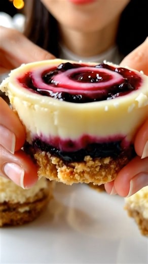 Blueberry Swirl Mini Cheesecakes 🫐 These blueberry swirl mini cheesecakes are creamy, tangy, and just the right size for a sweet little treat. I love how the deep purple blueberry swirl melts into that smooth vanilla cheesecake, all sitting on a buttery crumb crust that tastes like pure comfort. I usually make these when I want something special without baking a whole cake, and they’re perfect for spring gatherings or Easter weekend when bite-sized desserts disappear fast. Save this recipe or s