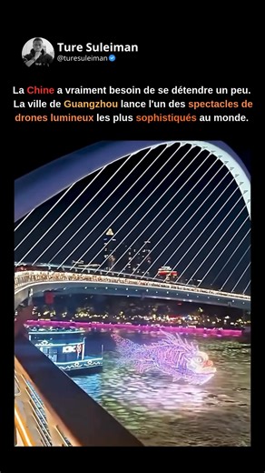 Ture Suleiman | Créateur Tech on Instagram: "🤯 Quand le ciel devient un écran programmable À Guangzhou, les feux d’artifice sont déjà du passé. Ici, des milliers de drones autonomes forment des motifs complexes dans le ciel, avec une précision extrême et sans la moindre collision. ⚙️ Le secret ? → Chaque drone est positionné au centimètre près par GPS → Synchronisation milliseconde par milliseconde → Algorithmes de nuée autonome (swarm intelligence) → Calcul distribué en temps réel 🎭 Des drago