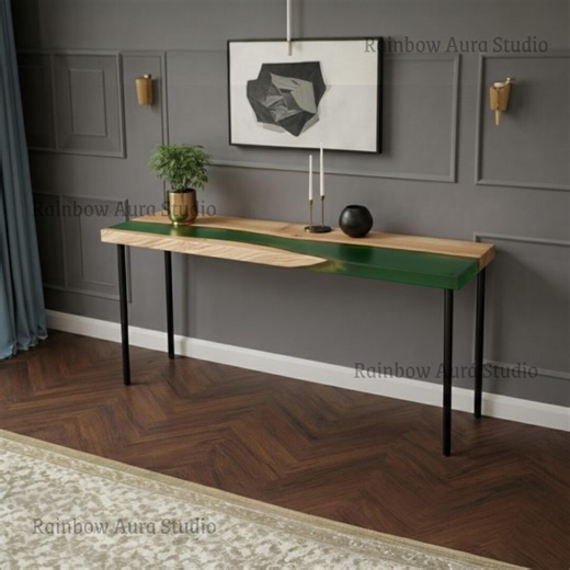 Emerald Green Epoxy Resin Console Table | Natural Wood River Hallway Sofa Table - Etsy