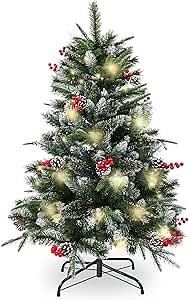 4ft Christmas Tree Prelit | 4 feet Christmas Tree with Lights | Fluffy 272 PVC PE Pine Needle, 18 Pinecones, 18 Berries, 140 Warm White Lights | Bring Holiday Touch | Full & Realistic Thin Shinny Snow