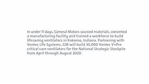 In less than a month, we partnered with Ventec Life Systems, sourced hundreds of parts and assemblies, designed an all new manufacturing process, and rallied employees to help meet the need for critical-care ventilators. This historic effort is the result of thousands of men and women dedicated to supporting those on the frontlines of the COVID-19 crisis. https://s.gm.com/nzkq5 | General Motors