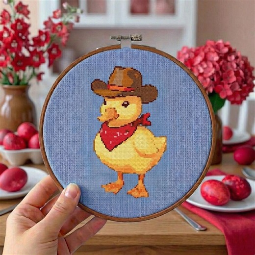 Cowboy Duckling Cross Stitch Pattern: Beginner Western Hoop Art (PDF Download)