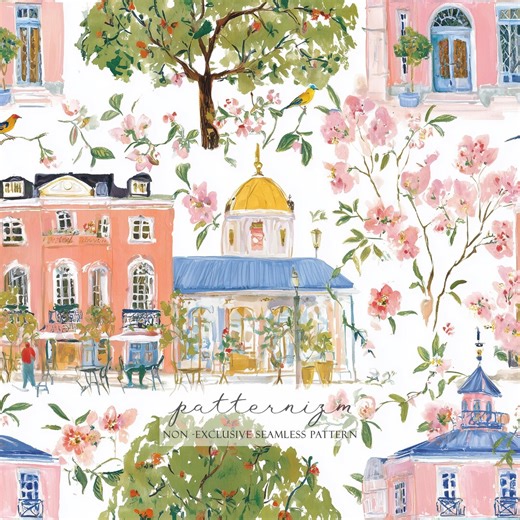 Romantic City Toile Seamless Pattern – Pink Buildings and Floral Branches, Vintage Parisian Digital Paper - Etsy