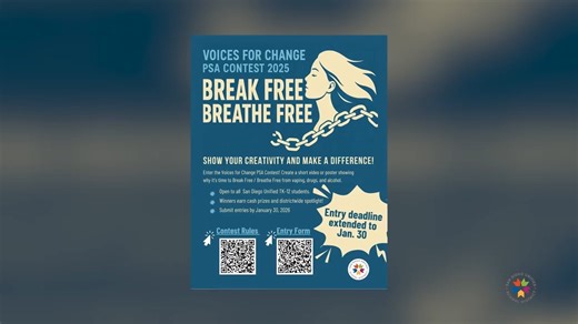 San Diego Unified School Dist. on Instagram: "Show your creativity and make a difference! Enter the Voices for Change PSA Contest! Create a short video, poster, drawing, or any other form of media showing why it's tie to Break Free/Breathe Free from vaping, drugs, and alcohol. Open to all San Diego Unified Students from Elementary to High School. Winners will earn cash prizes and districtwide spotlight. Submit your entries by January 30, 2026. For contest details and where to submit your entry,