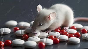 Research on laboratory animals, Animal testing concept. A live white laboratory mouse is perched on pills, animal experimentation in medicine, vaccination testing, medication and vitamin testing