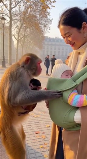 Is This Cute or Dangerous? Monkey Approaches Baby in Public 🐒👶