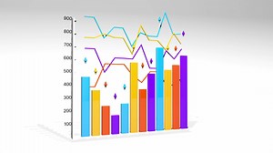 Download Financial graph of bars and lines in yellow, red and violet against white background. 3D Animation for free