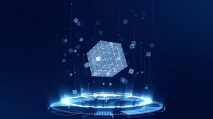 Blue digital cube with futuristic circle rotation and cube icon levitation metaverse concept