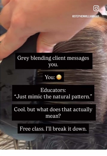 Grey blending client messages you… …and suddenly you’re staring at the hair like where the hell do I even start? 😅 Because every educator says the same thing: “Just mimic the natural pattern.” Cool. But when you’re actually behind the chair that raises about 20 more questions: Where do you lighten? Where do you keep depth? How do you stop it turning into highlights… or a full colour correction? That confusion is exactly why so many stylists end up over-lightening grey blends. The real skill is 