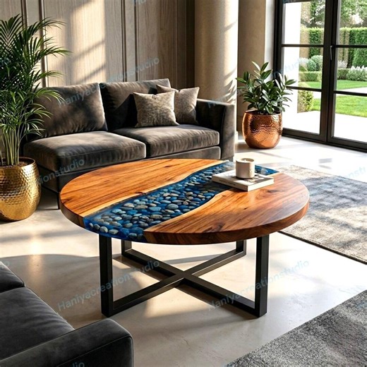 Blue Resin Riverstone Round Table, Handmade Wood Epoxy Coffee Dining Table - Etsy