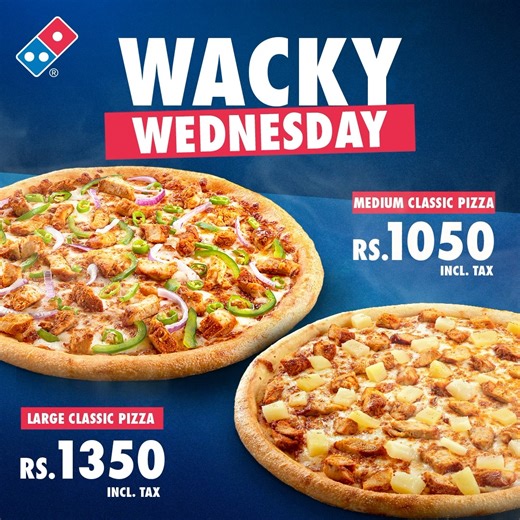 9.6K views · 8.6K reactions | Turn your Wednesdays Wacky with Domino's!  Place an order at https://www.dominos.com.pk/deals | 021-111-366-466 OR Download the app: Play Store - https://bit.ly/2Wptg9p App Store - https://apple.co/2ZbXiKV #DominosPakistan #GreatnessbyDominos #MoreValue #WackyWednesday #HungryForMore | Domino's Pizza | Facebook