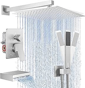 KES Shower Faucet Set 12 Inch Rain Shower Head 3-Function Shower System with Tub Spout Rainfall Shower Head with Handheld Shower, Pressure Balance Valve Brushed Nickel, XB6305F18S12-BN