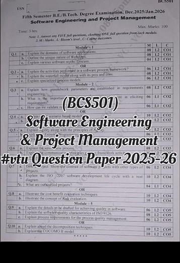 BCS501 Software Engineering & Project Management Question Paper 2025-26 #2025exams #vtupapers #sepm