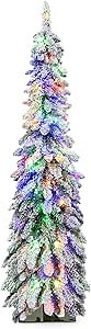 Goplus 5ft Pre-Lit Flocked Pencil Christmas Tree, Artificial Slim Xmas Tree with 334 PVC Branch Tips, 150 LED Lights, 2 Lighting Colors, Timer & 11 Modes, for Indoor Home Office Decor