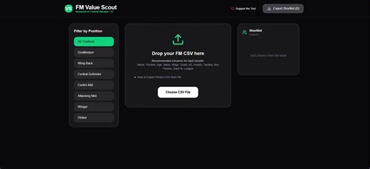 FM Value Scout V2 is almost here 🔥One drag & drop. Any position. Smart Moneyball scoring with league difficulty, age, wage & value.Hidden Gems 💎, Overpriced ⚠️, and proper bar charts when you click a player.Completely rebuilt, cleaner, and way more powerful.Drop a 🔥 below 👇#FootballManager #FM26 #FMScouting