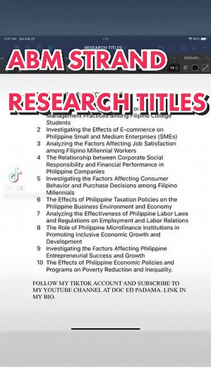 ABM STRAND RESEARCH TITLES #docedpadama #angsabinidoced #fyp