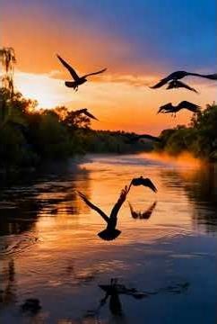 Nature's Perfect Shot: Crows Flying Over the Golden River 🎬 #birds #nature