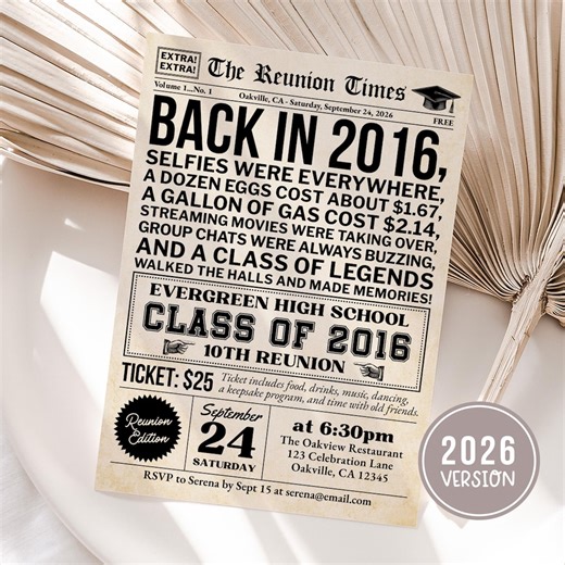 10th Class Reunion Invitation Template, Class of 2026 10th High School Reunion, Newspaper Theme College Reunion Invite, Edit With Canva - Etsy Canada