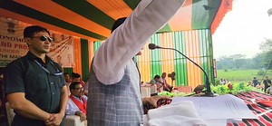 During the unity, victory and prosperity public rally in Haberam Rongphar Arong, under Korkanthi Constituency. Narendra Modi J.P.Nadda Himanta Biswa Sarma Bhabesh kalita ভৱেশ কলিতা Bharatiya Janata Party (BJP) BJP Assam Pradesh BJP East Karbi Anglong District. | Tuliram Ronghang