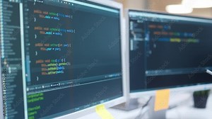 Close up shot. Specialist coding on screen in office, Man hand holding pen pointing at computer screen coding html and programming on computer. Web development. Website developer working on project