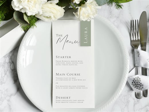 Minimal Wedding Menu Card & Place Card Template, Modern Menu and Name Tag, Canva Editable - Etsy