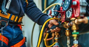 Detailed close-up of HVAC technician's hands equipped with tools, highlighting maintenance work. HVAC service technician. Copyspace