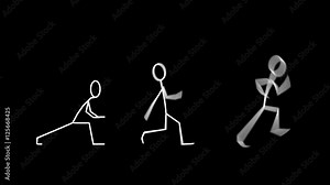 3 Stickman walk cycles - Sneaky, Strut & Run. Trim the following cycles and loop manually if you need them longer: Sneaky 72 frames, Strut 40 frames and Run 20 frames.