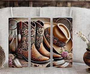 Western Cowgirl Tumbler – Boho Cowboy Boots & Hat – 20oz Skinny Stainless Steel Cup - Etsy