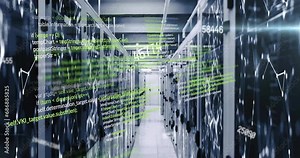 Animation of computer language, changing numbers over connected dots on data server systems