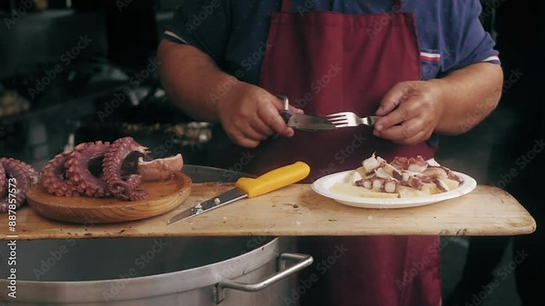 Chef preparing Spanish Galician traditional culinary dish, Pulpo A La Gallega Galician-style octopus , ready to eat. Ingredients: Octopus, potatoes, paprika, and olive oil.