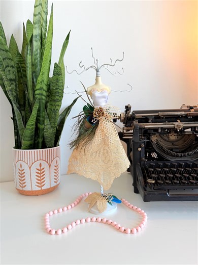 Vintage Jewelry Tree Dress Form | Shabby Chic Mannequin Stand | Peacock Feather & Gold Lace Decor | Victorian Style Trinket Holder | Y2K - Etsy