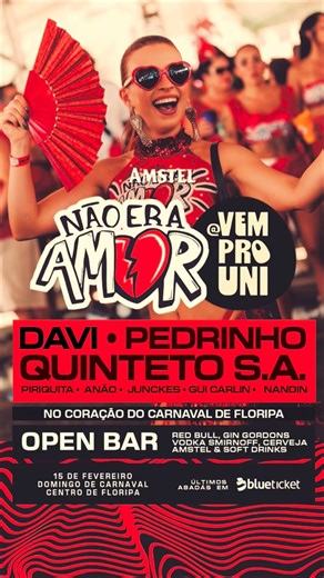 Uni 2025 on Instagram: "Carnaval tá ON e a gente chegou junto com o @bloconaoeraamor pra avisar: esse rolê vai entregar TUDO. 👀🔥 🎤 No comando da festa: MC Pedrinho MC Davi Quinteto S.A. DJ Piriquita DJ Anão Juckes Gui Carlin Nandin 🍹 Open bar 🗓 15 de fevereiro (domingo) ⏰ Das 15h às 23h Sol, música, bloco e caos do bom. Nos vemos na rua. 🎭💥🔥"