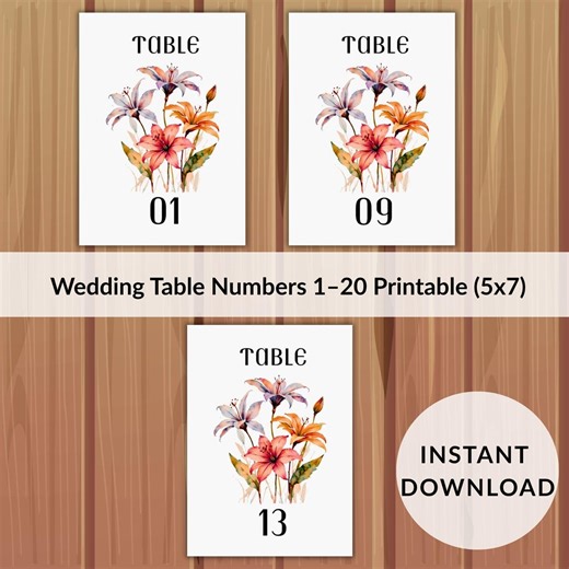 Printable Wedding Table Numbers 5x7, Wildflower Floral Table Cards, Watercolor Lily Garden Wedding Decor Signs Wedding Seating Charts Plan - Etsy