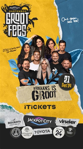 🎶 𝗔𝗧𝗞𝗩-𝗛𝗮𝗿𝘁𝗲𝗻𝗯𝗼𝘀, 𝗶𝘀 𝗷𝘂𝗹𝗹𝗲 𝗴𝗲𝗿𝗲𝗲𝗱 𝘃𝗶𝗿 𝗱𝗶𝗲 𝗚𝗿𝗼𝗼𝘁𝗙𝗲𝗲𝘀? 🌟 Op 21 Desember word die somer warmer met ’n buitelug weergawe van die geliefde Afrikaans is Groot-konsert! 🥳🌴 👉 Kom geniet ongelooflike optredes deur: 🎤 Elvis Blue 🎤 Demi Lee Moore 🎤 Tarryn Lamb 🎤 Ruhan Du Toit 🎤 Ricus Nel 🎤 Bobby Van Jaarsveld 🎤 Robbie Wessels 🎤 RIANA NEL 🎤 Monique Steyn Kaartjiepryse: 👩‍👩‍👦‍👦 Volwassenes: R250 👧 Kinders onder 12: R75 👶 Kinders onder 2: GRATIS toe