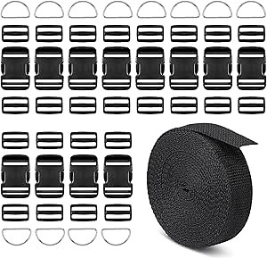 MOYBMG Buckle and Strap Set 1.5 Inch, 12 Yards Thick Nylon Webbing, 12 Pack Heavy Duty Adjustable Quick Side Release Plastic Buckles + 24 Tri-Glide Slide Clips + 12 Metal D-Rings (1.5 Inch Combo Set)