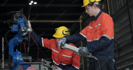 Two highly competent robotic operators collaborate to configure new automation using a computer-controlled panel display. The robot's coordination system for welding, cutting, and milling in a factory