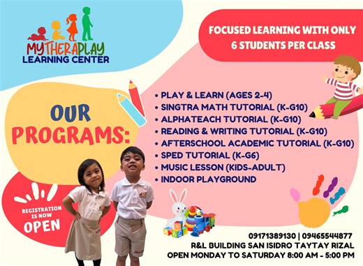 CHECK OUT OUR PROGRAMS! 💛 Your child deserves the best and we’ve got options for every learner! 🔥 PROGRAMS OFFERED: ✨ Play & learn (ages 2-4) ✨ Singtra math Tutorial (K-g10) ✨ Alphateach tutorial (K-g10) ✨ Reading & writing tutorial (K-g10) ✨ Afterschool academic tutorial (K-g10) ✨ Sped tutorial (K-g6) ✨ Music lesson (kids-adult) ✨ Indoor playground Choose your setup: ✔ One-on-One ✔ Small Class (4–6 students) ✔ Online or F2F 📍 San Isidro, Taytay Rizal 📩 Enroll today! 🕒 Mon–Sat | 8AM–5PM | M