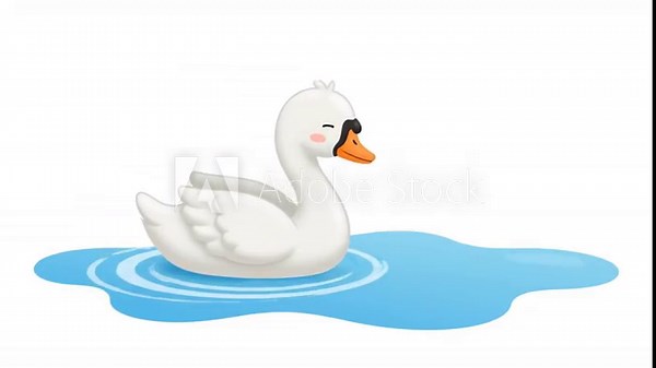 Cartoon swan on a minimal blue water surface, isolated and designed for baby and toddler learning visuals.