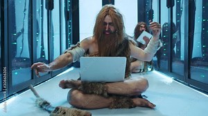Happy nomadic caveman sitting on floor with laptop, dancing a victory dance celebrating having fun in database. Neanderthals in data center. Prehistoric humans in modern world.