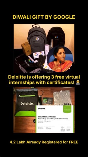 coder.in on Instagram: "🎉 Diwali Gift for Students! 🇮🇳✨ Bro, companies have gone crazy after Diwali! 🤯 Google is giving free AI courses + swags 🎁 and Deloitte just launched 3 FREE virtual internships with certificates! 🧑‍💻 💥 Learn industry-ready skills: 🚀 Generative AI & Agents with Google 📊 Data Analytics | 💻 Cybersecurity | ⚙️ Tech Internships by Deloitte Last year, lakhs of students registered — don’t miss your turn this time! 🔥 No fees. No catch. Only pure skill-building! ⚡ Follo